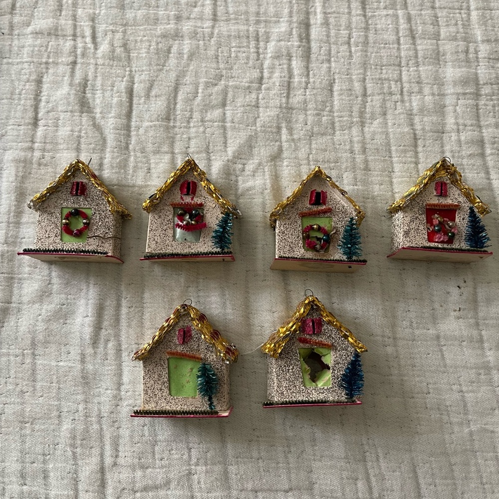 6 Vintage paper house glitter ornaments made in Japan